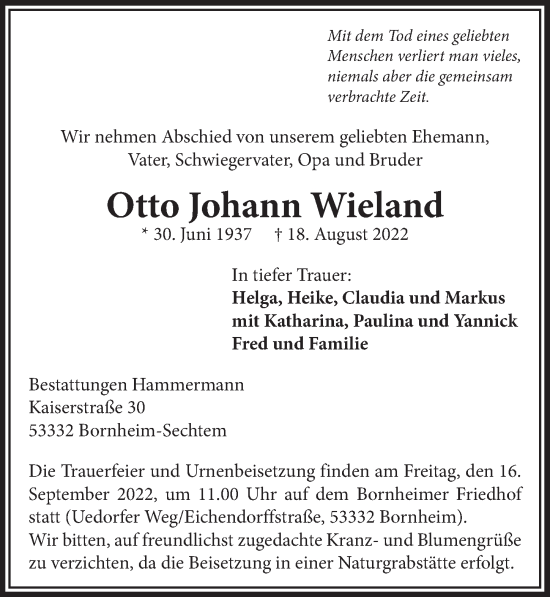 Anzeige von Otto Johann Wieland von  Schaufenster/Blickpunkt 