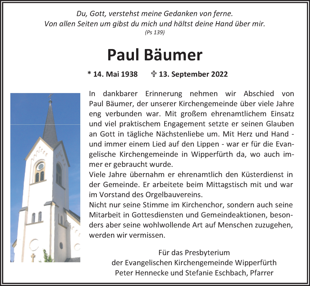  Traueranzeige für Paul Bäumer vom 24.09.2022 aus Kölner Stadt-Anzeiger / Kölnische Rundschau / Express