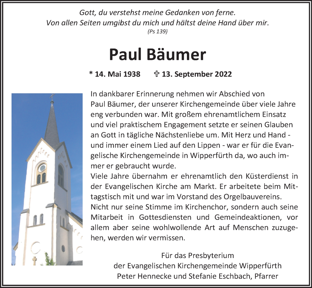  Traueranzeige für Paul Bäumer vom 28.09.2022 aus Kölner Stadt-Anzeiger / Kölnische Rundschau / Express