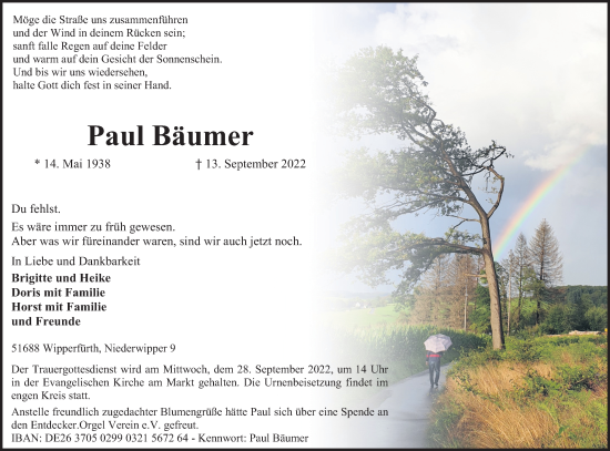 Anzeige von Paul Bäumer von Kölner Stadt-Anzeiger / Kölnische Rundschau / Express