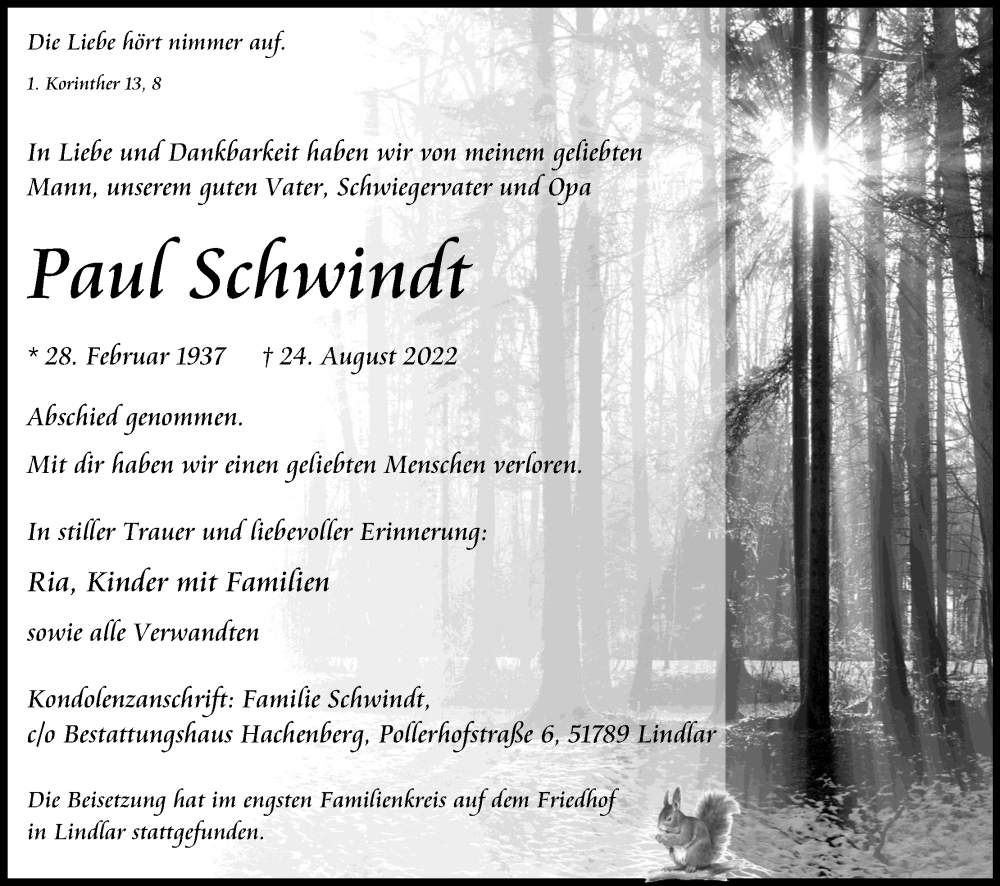  Traueranzeige für Paul Schwindt vom 03.09.2022 aus Kölner Stadt-Anzeiger / Kölnische Rundschau / Express
