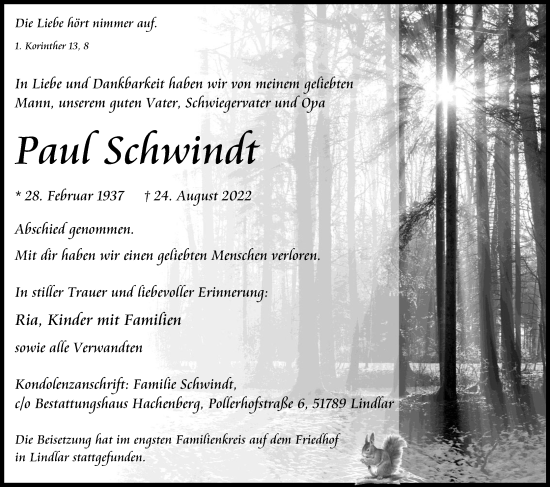 Anzeige von Paul Schwindt von Kölner Stadt-Anzeiger / Kölnische Rundschau / Express