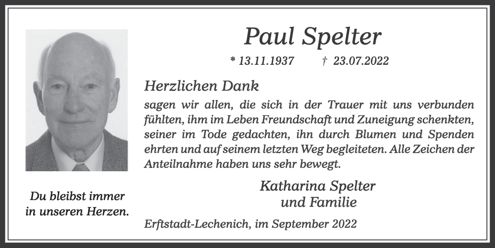  Traueranzeige für Paul Spelter vom 02.09.2022 aus  Wochenende  Werbepost 