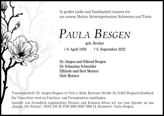 Anzeige von Paula Besgen von Kölner Stadt-Anzeiger / Kölnische Rundschau / Express