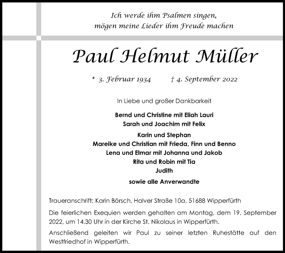  Traueranzeige für Paul Helmut Müller vom 10.09.2022 aus Kölner Stadt-Anzeiger / Kölnische Rundschau / Express