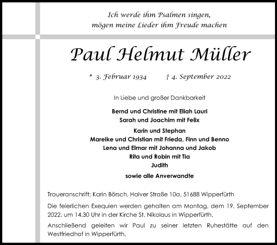 Anzeige von Paul Helmut Müller von Kölner Stadt-Anzeiger / Kölnische Rundschau / Express