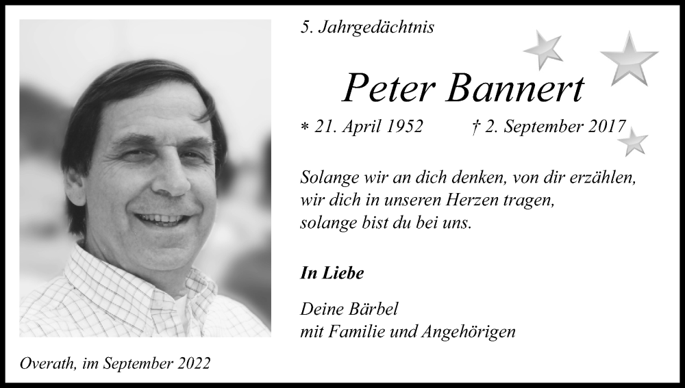  Traueranzeige für Peter Bannert vom 03.09.2022 aus Kölner Stadt-Anzeiger / Kölnische Rundschau / Express