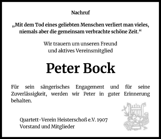 Anzeige von Peter Bock von Kölner Stadt-Anzeiger / Kölnische Rundschau / Express