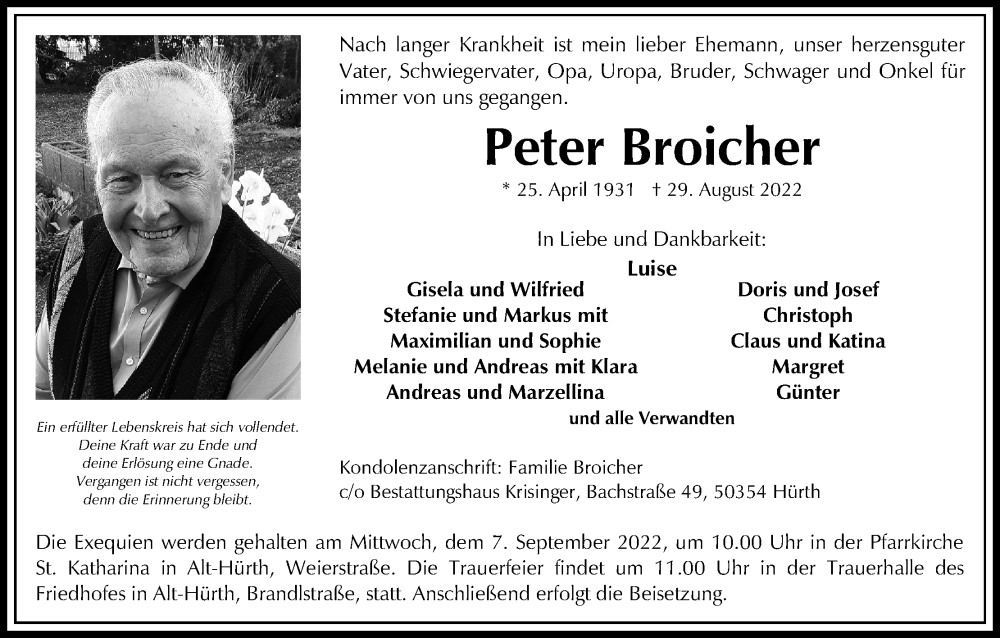  Traueranzeige für Peter Broicher vom 03.09.2022 aus Kölner Stadt-Anzeiger / Kölnische Rundschau / Express
