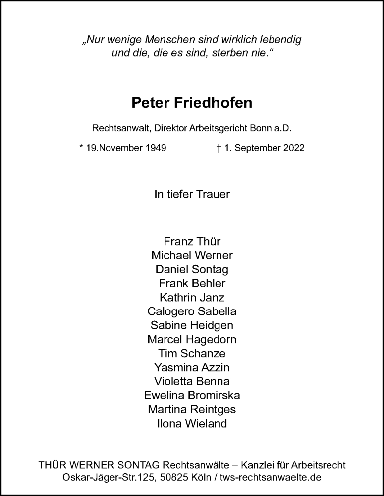  Traueranzeige für Peter Friedhofen vom 10.09.2022 aus Kölner Stadt-Anzeiger / Kölnische Rundschau / Express