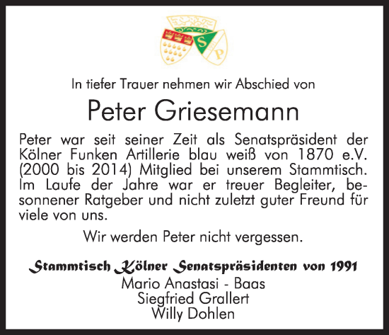 Anzeige von Peter Griesemann von Kölner Stadt-Anzeiger / Kölnische Rundschau / Express