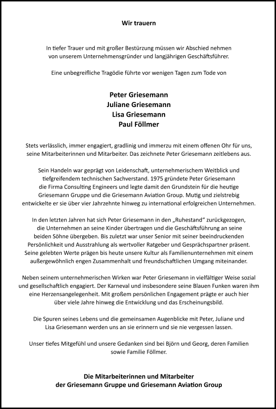 Anzeige von Peter Griesemann von Kölner Stadt-Anzeiger / Kölnische Rundschau / Express