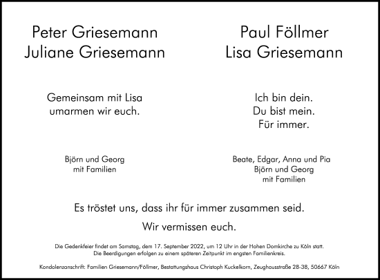Anzeige von Peter Griesemann von Kölner Stadt-Anzeiger / Kölnische Rundschau / Express