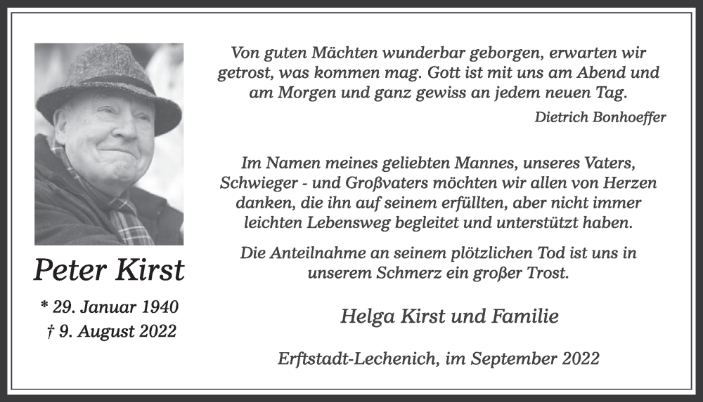  Traueranzeige für Peter Kirst vom 16.09.2022 aus  Werbepost 