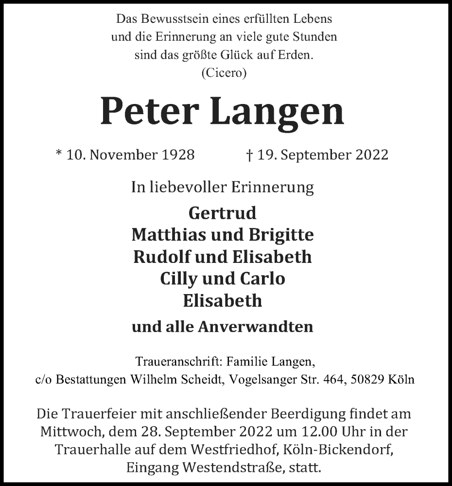  Traueranzeige für Peter Langen vom 24.09.2022 aus Kölner Stadt-Anzeiger / Kölnische Rundschau / Express