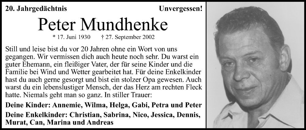  Traueranzeige für Peter Mundhenke vom 27.09.2022 aus Kölner Stadt-Anzeiger / Kölnische Rundschau / Express