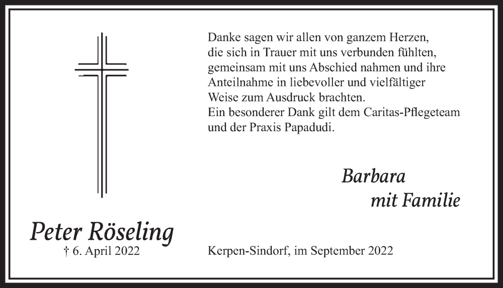  Traueranzeige für Peter Röseling vom 02.09.2022 aus  Werbepost 