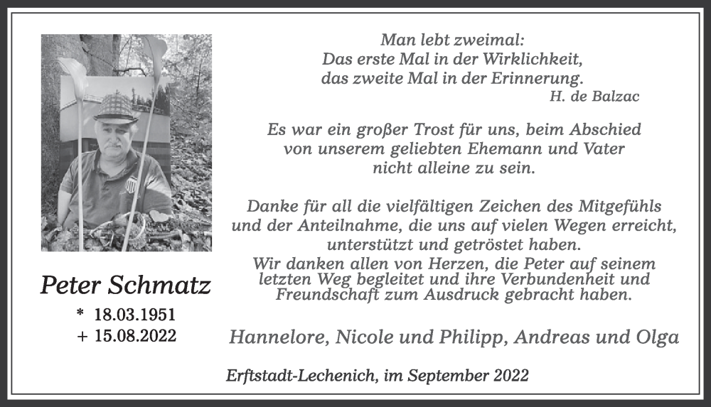  Traueranzeige für Peter Schmatz vom 16.09.2022 aus  Werbepost 