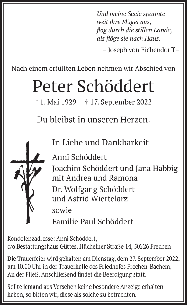  Traueranzeige für Peter Schöddert vom 23.09.2022 aus  Wochenende 