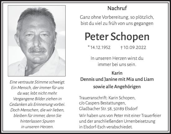 Anzeige von Peter Schopen von  Werbepost 