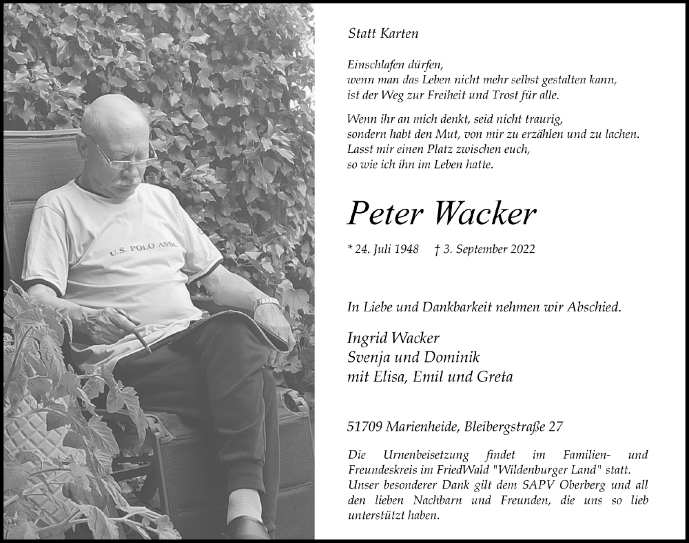  Traueranzeige für Peter Wacker vom 09.09.2022 aus  Anzeigen Echo 