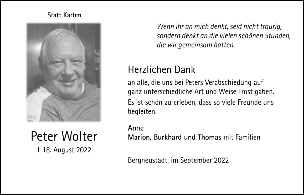  Traueranzeige für Peter Wolter vom 23.09.2022 aus  Anzeigen Echo 
