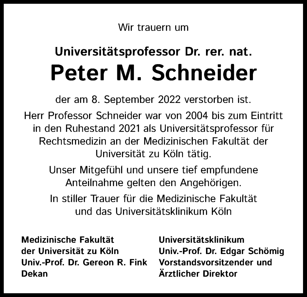  Traueranzeige für Peter M. Schneider vom 17.09.2022 aus Kölner Stadt-Anzeiger / Kölnische Rundschau / Express