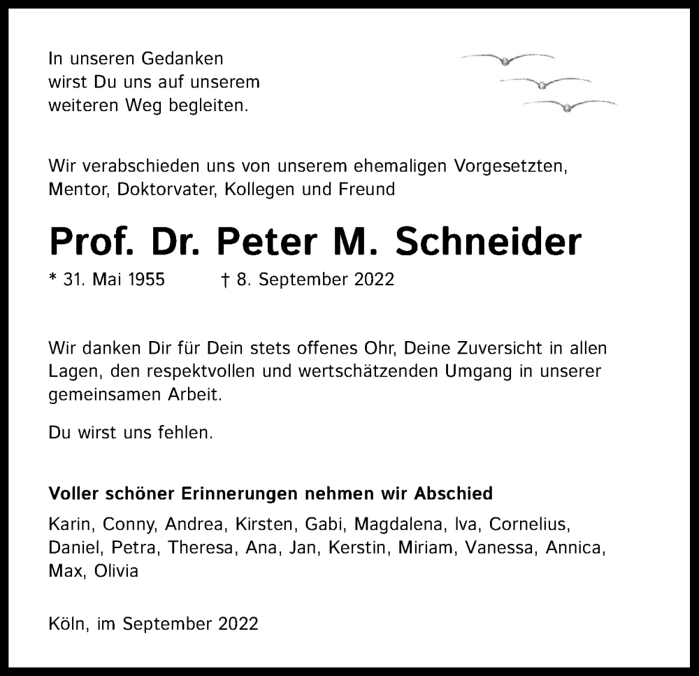  Traueranzeige für Peter M. Schneider vom 17.09.2022 aus Kölner Stadt-Anzeiger / Kölnische Rundschau / Express