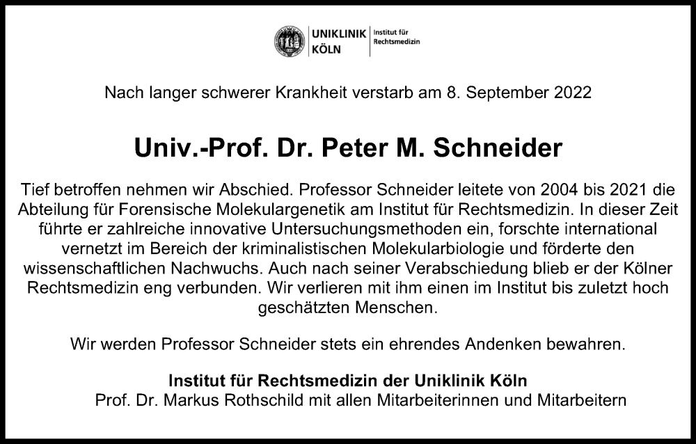  Traueranzeige für Peter M. Schneider vom 17.09.2022 aus Kölner Stadt-Anzeiger / Kölnische Rundschau / Express