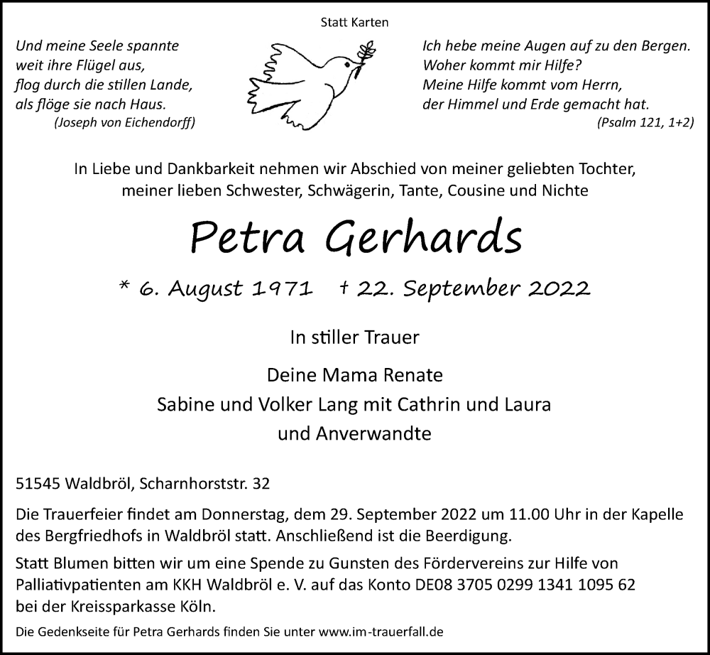  Traueranzeige für Petra Gerhards vom 26.09.2022 aus Kölner Stadt-Anzeiger / Kölnische Rundschau / Express