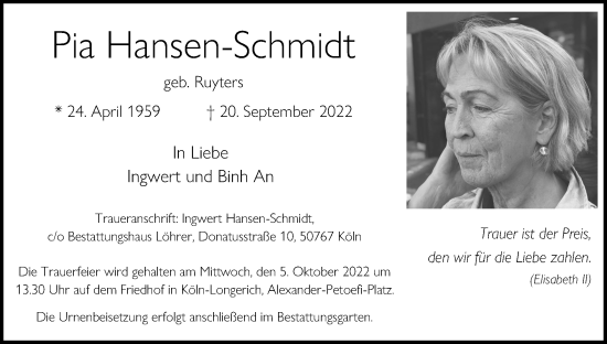 Anzeige von Pia Hansen-Schmidt von Kölner Stadt-Anzeiger / Kölnische Rundschau / Express