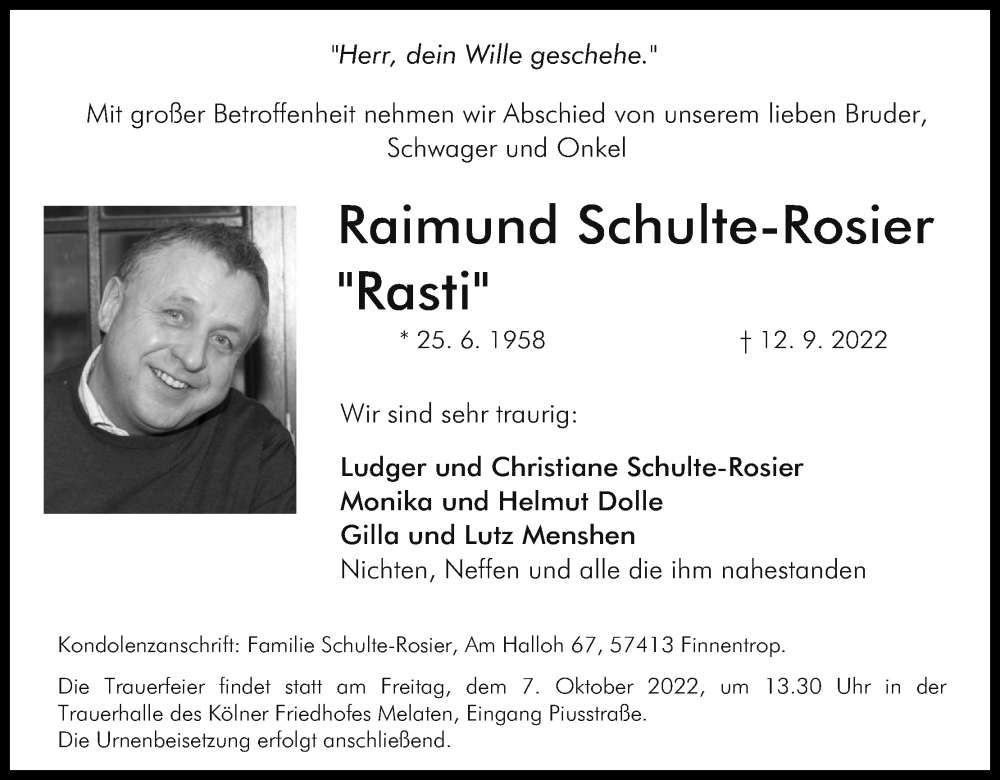  Traueranzeige für Raimund Schulte-Rosier vom 24.09.2022 aus Kölner Stadt-Anzeiger / Kölnische Rundschau / Express