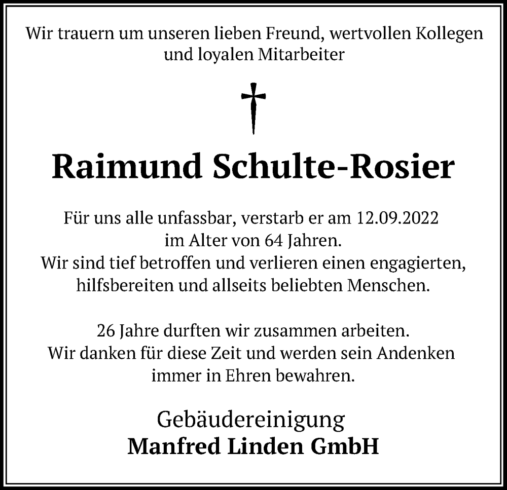  Traueranzeige für Raimund Schulte-Rosier vom 29.09.2022 aus Kölner Stadt-Anzeiger / Kölnische Rundschau / Express