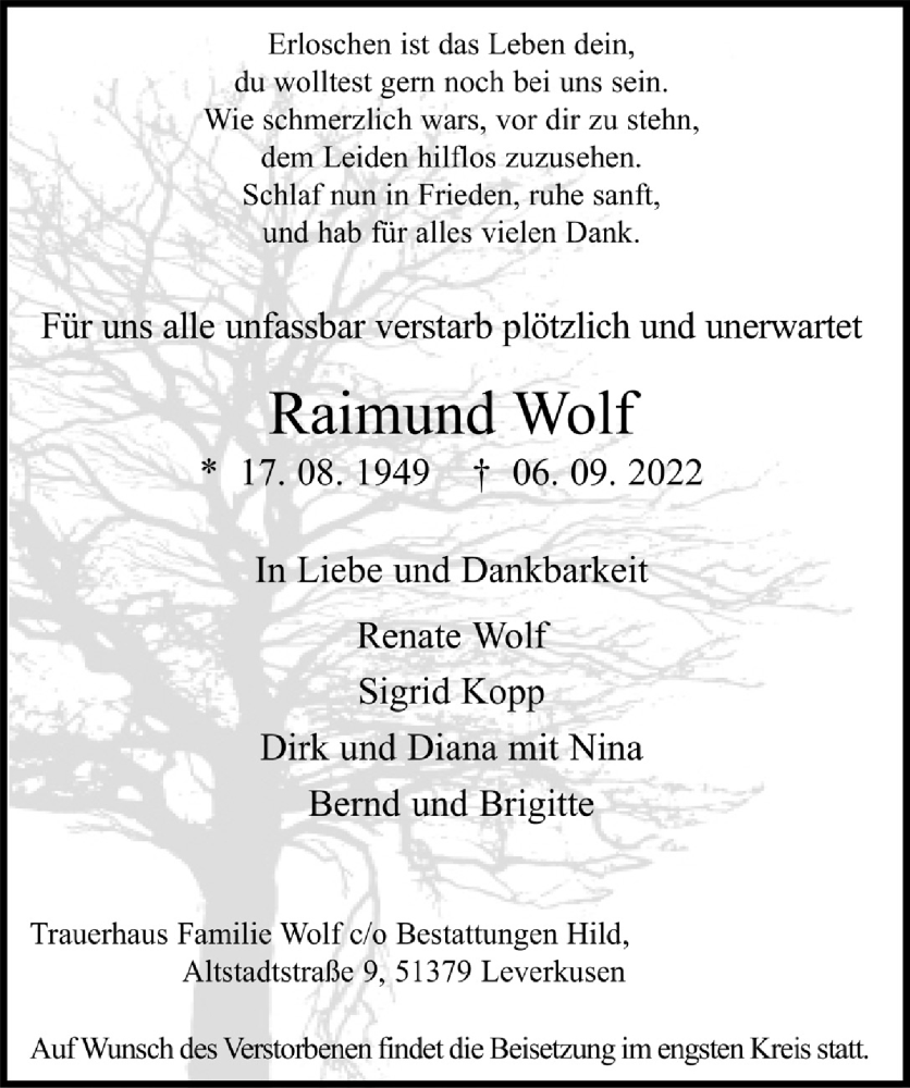  Traueranzeige für Raimund Wolf vom 16.09.2022 aus  Lokale Informationen 