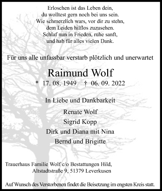 Anzeige von Raimund Wolf von Kölner Stadt-Anzeiger / Kölnische Rundschau / Express