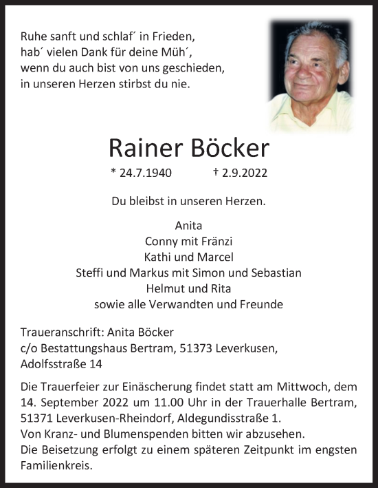 Anzeige von Rainer Bäcker von Kölner Stadt-Anzeiger / Kölnische Rundschau / Express