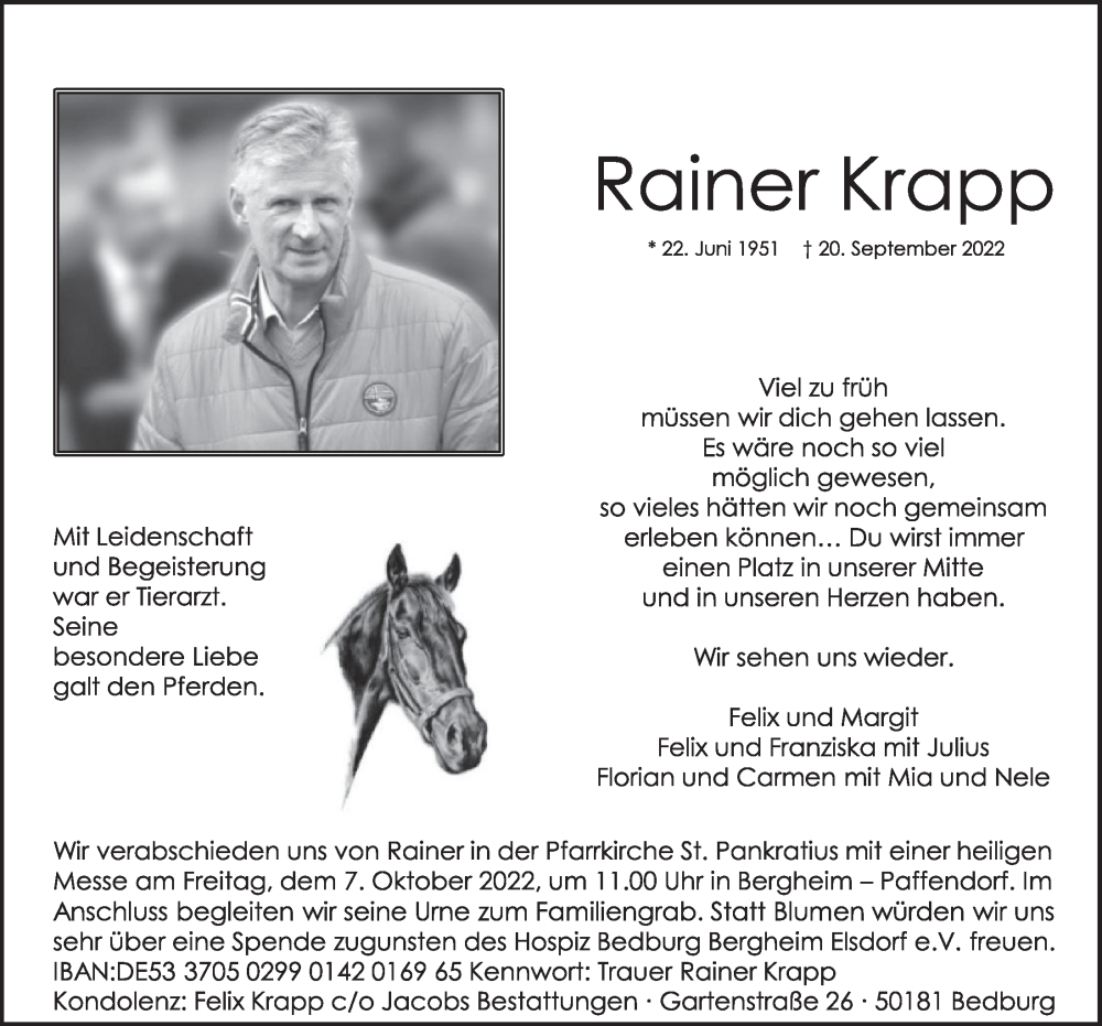  Traueranzeige für Rainer Krapp vom 30.09.2022 aus  Werbepost 