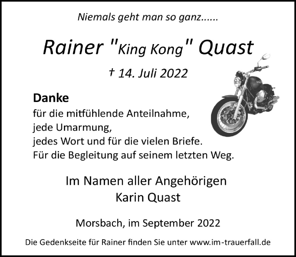  Traueranzeige für Rainer  Quast vom 16.09.2022 aus  Lokalanzeiger 