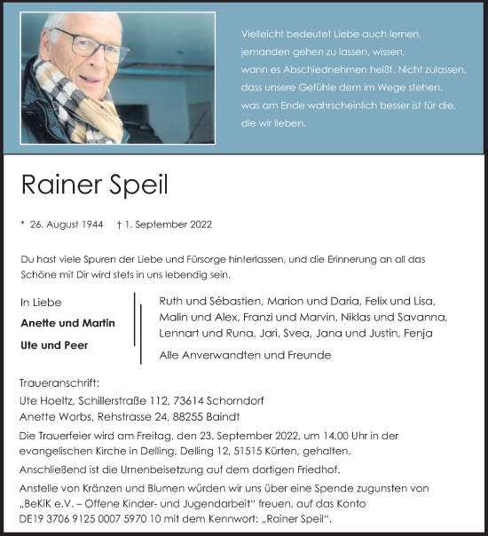 Anzeige von Rainer Speil von Kölner Stadt-Anzeiger / Kölnische Rundschau / Express