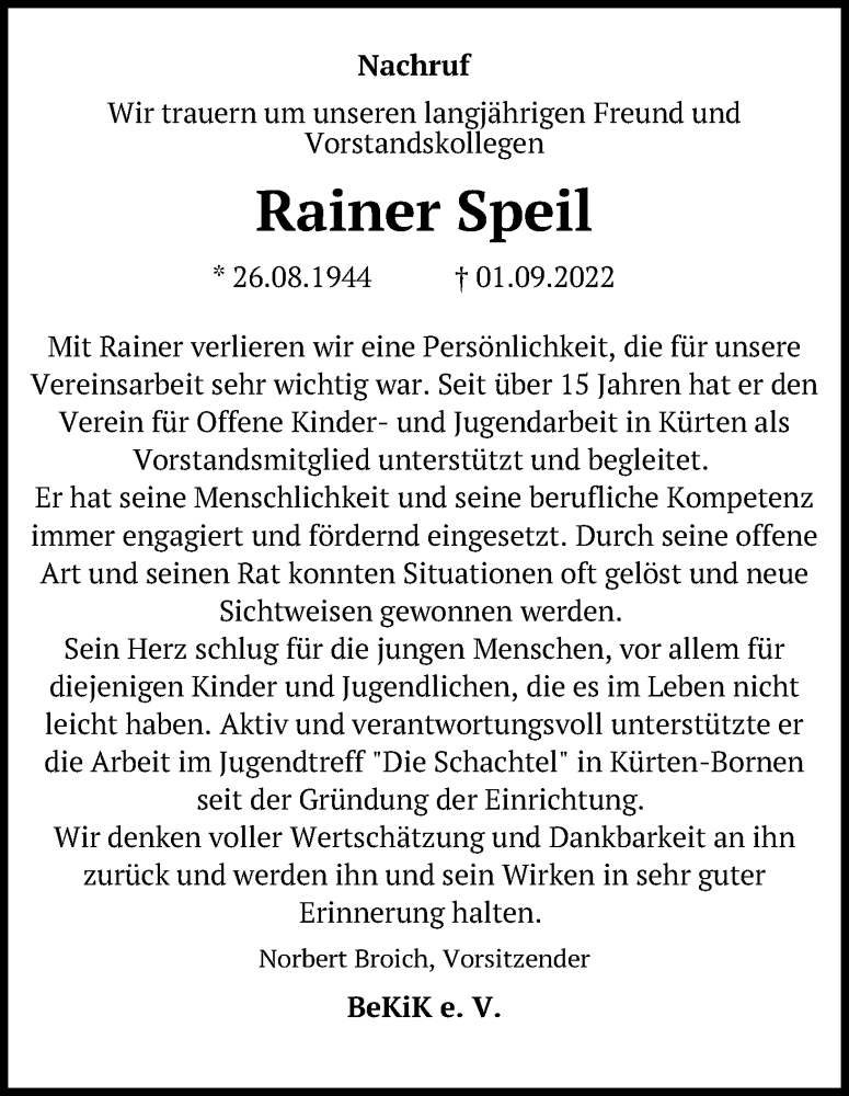  Traueranzeige für Rainer Speil vom 24.09.2022 aus Kölner Stadt-Anzeiger / Kölnische Rundschau / Express