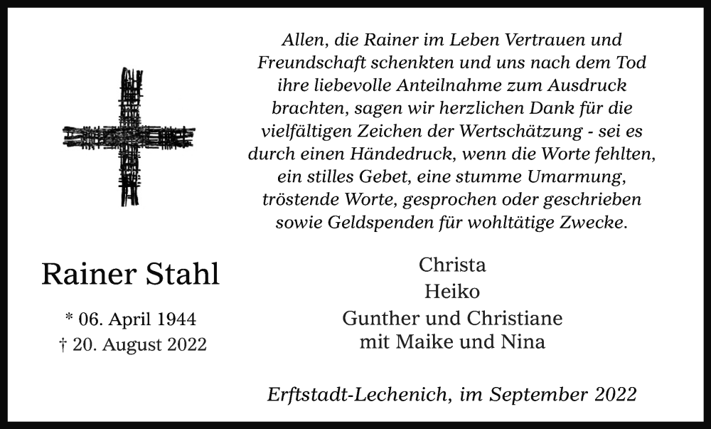  Traueranzeige für Rainer Stahl vom 10.09.2022 aus Kölner Stadt-Anzeiger / Kölnische Rundschau / Express
