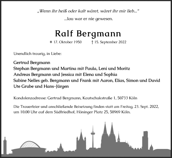 Anzeige von Ralf Bergmann von Kölner Stadt-Anzeiger / Kölnische Rundschau / Express