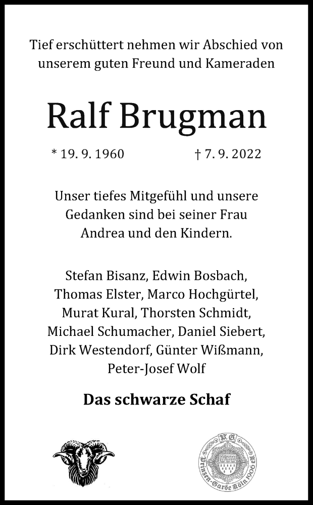  Traueranzeige für Ralf Brugman vom 14.09.2022 aus Kölner Stadt-Anzeiger / Kölnische Rundschau / Express