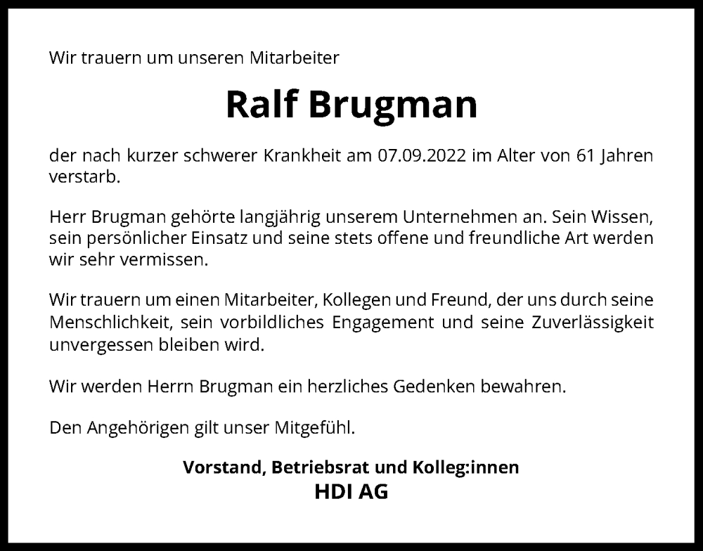  Traueranzeige für Ralf Brugman vom 17.09.2022 aus Kölner Stadt-Anzeiger / Kölnische Rundschau / Express