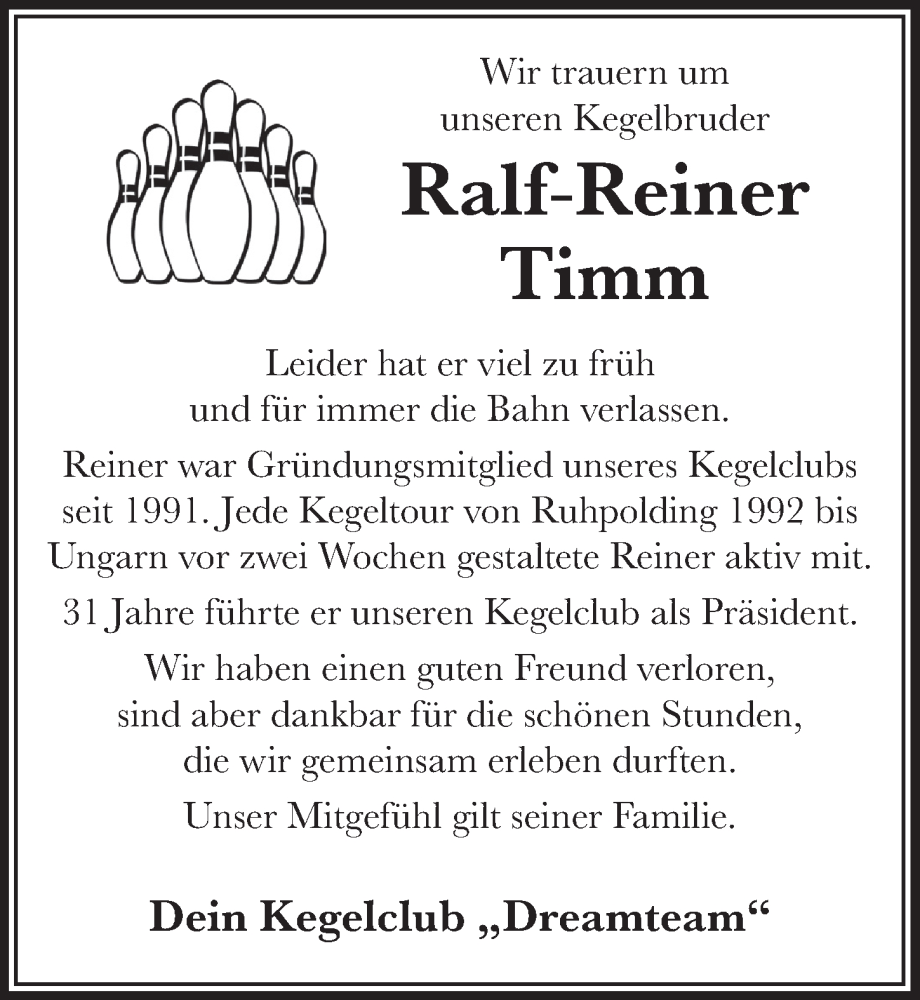  Traueranzeige für Ralf-Reiner Timm vom 30.09.2022 aus  Lokalanzeiger 