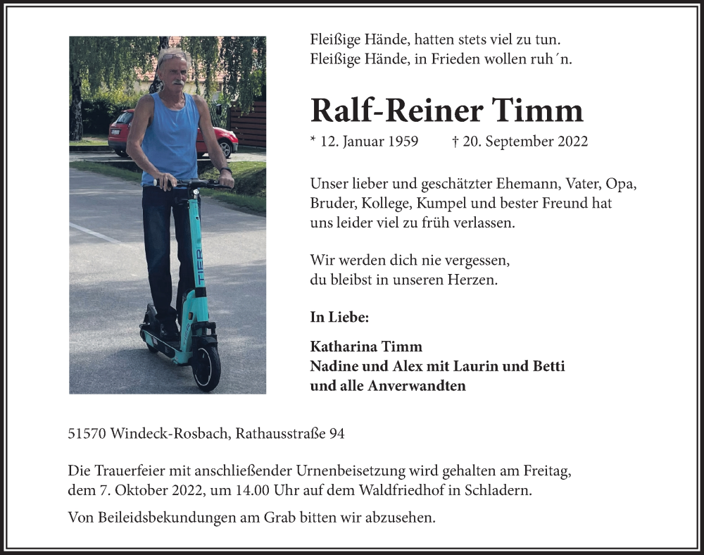  Traueranzeige für Ralf-Reiner Timm vom 30.09.2022 aus  Lokalanzeiger 