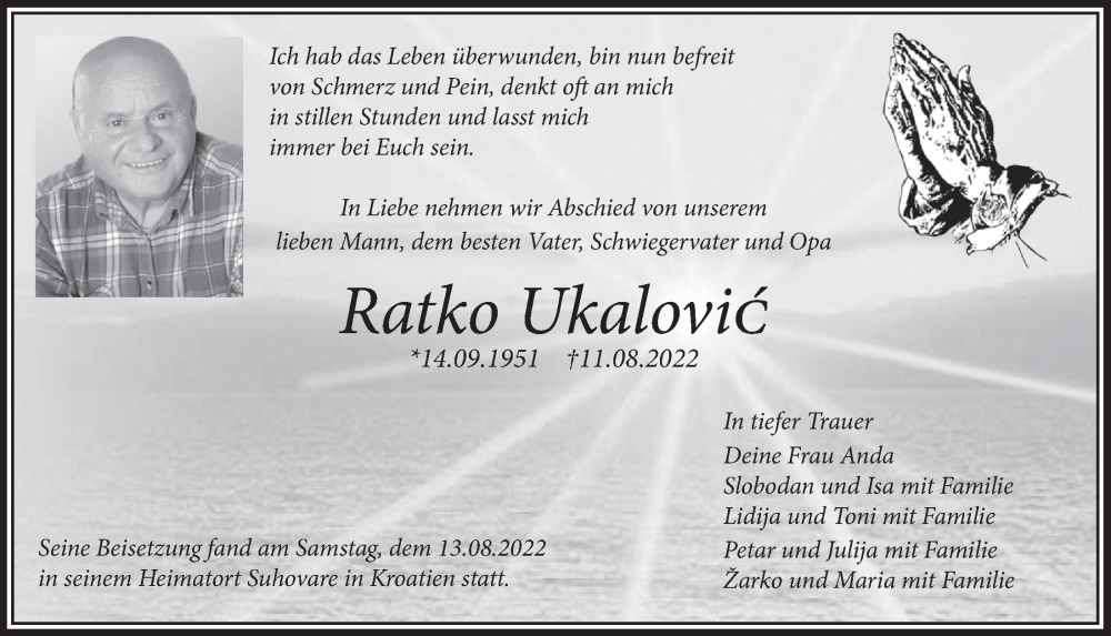  Traueranzeige für Ratko Ukalovic vom 02.09.2022 aus  Lokalanzeiger 