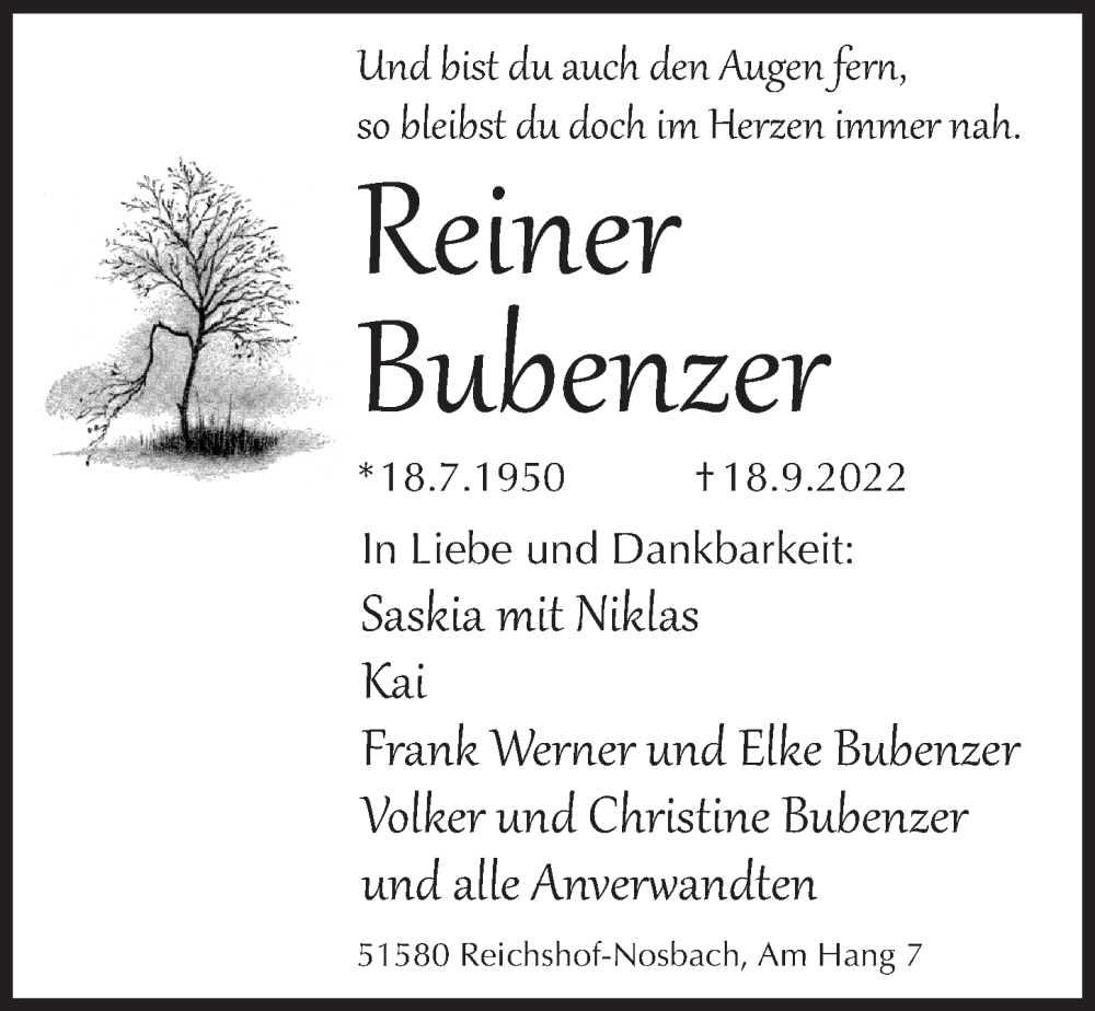  Traueranzeige für Reiner Bubenzer vom 23.09.2022 aus  Anzeigen Echo 