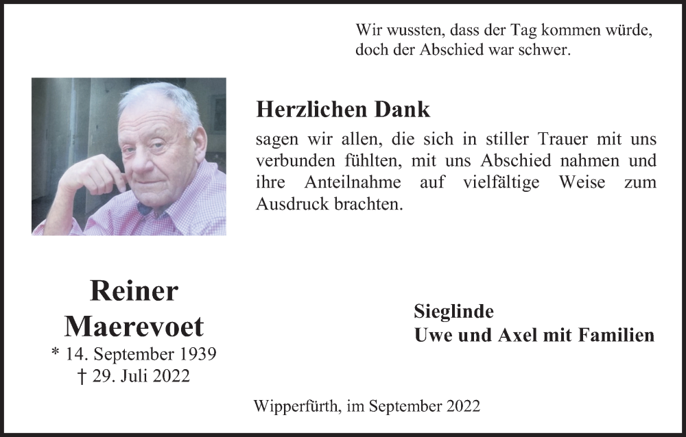  Traueranzeige für Reiner Maerevoet vom 03.09.2022 aus Kölner Stadt-Anzeiger / Kölnische Rundschau / Express
