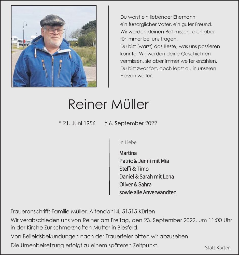  Traueranzeige für Reiner Müller vom 17.09.2022 aus Kölner Stadt-Anzeiger / Kölnische Rundschau / Express